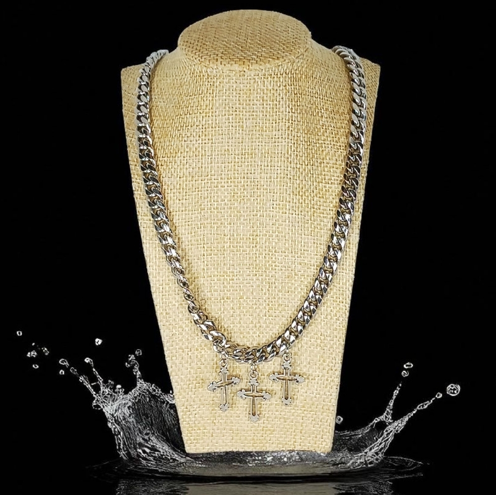 Stainless Steel Cuban Link Chain Cross Charm Necklace Soft Goth New Age Grunge
